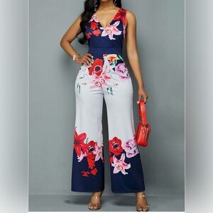 VENUS Vibrant Floral Jumpsuit - Red, Pink, Navy, and White
